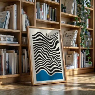 Abstract artwork black curves and blue block on cream background