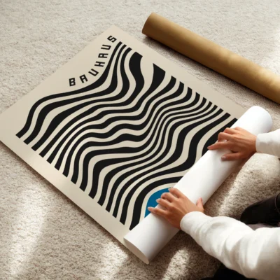 Abstract artwork wavy black lines and geometric blue in poster