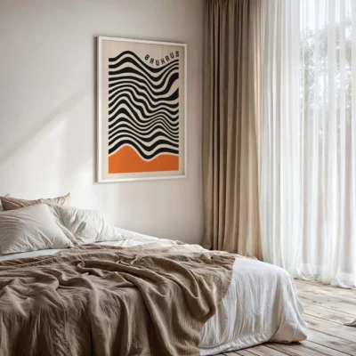 Abstract line artwork Bauhaus poster with bold curves and orange base