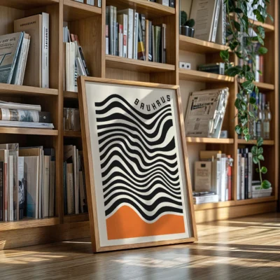 Abstract line artwork playful black waves above orange accent