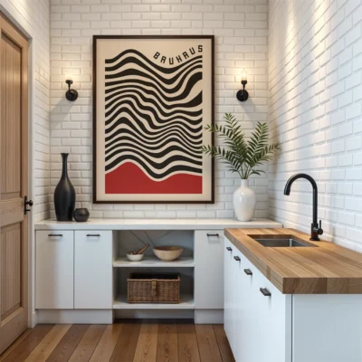 Vintage art print black wavy lines over red base