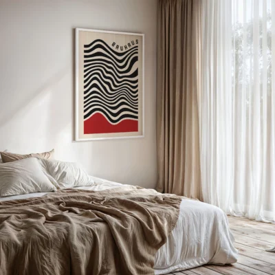 Vintage art print Bauhaus poster with black curves and red accent
