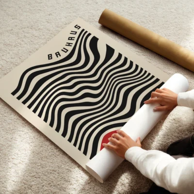 Vintage art print with playful stripes and red shape