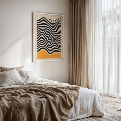 Vintage art print Bauhaus poster with black curves and yellow accent
