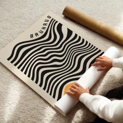 Vintage art print minimalist black waves on cream and yellow