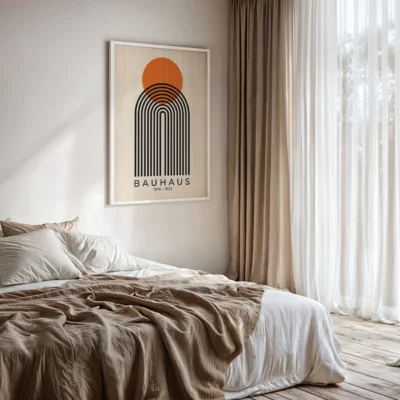 Mid Century wall art Bauhaus poster with orange and black shapes