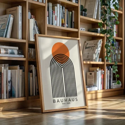 Mid Century wall art tall striped arch under orange circle