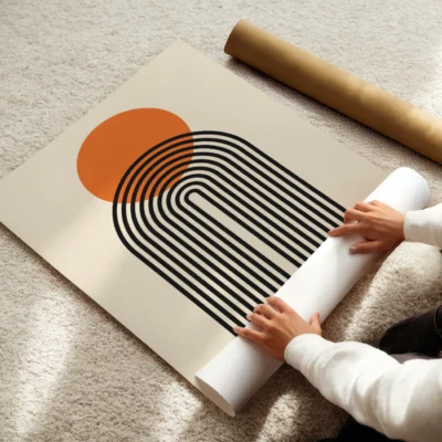 Mid Century wall art simple arch of black lines and orange circle