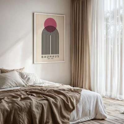 Mid Century wall art Bauhaus poster with pink and black shapes