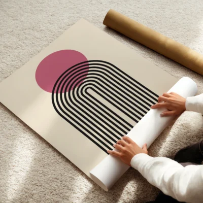 Mid Century wall art simple arch of black lines and pink circle