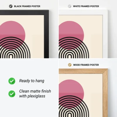 Mid Century wall art modern design with pink circle and striped arch