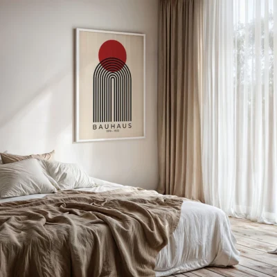Abstract geometric artwork Bauhaus poster with black lines and red circle