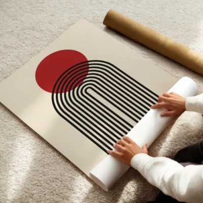 Abstract geometric artwork minimalist black arch and red circle