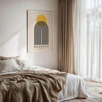 Abstract geometric artwork Bauhaus poster with yellow sun and black arch