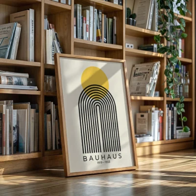 Abstract geometric artwork simple arch of black stripes and yellow circle