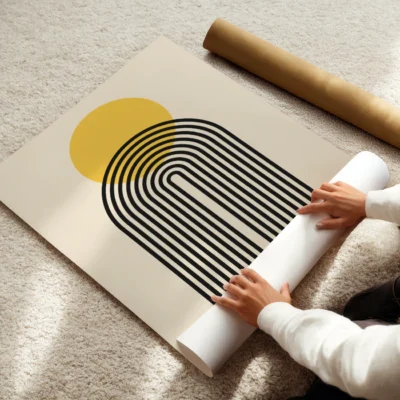 Abstract geometric artwork bright yellow circle meeting black curved lines