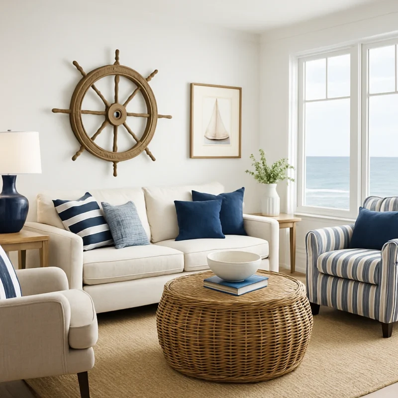 Coastal wall art with ocean waves and blue tones in a modern living room