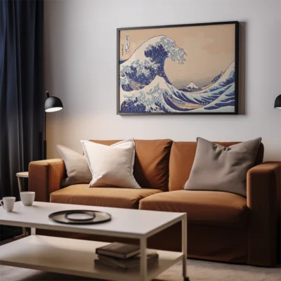 A living room with a framed art piece of The Great Wave off Kanagawa above a brown sofa.