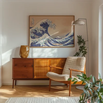 Living room with mid-century modern chair, wooden sideboard, and Hokusai's 'Great Wave' art