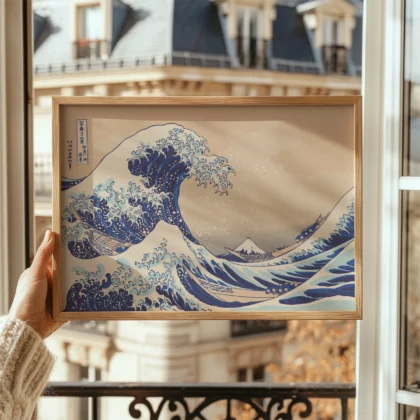 A framed print of 'The Great Wave off Kanagawa' held by a person, featuring a dramatic blue wave and Mount Fuji in the background.