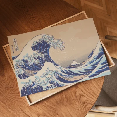 A woodblock print of 'The Great Wave off Kanagawa' depicting a large wave crashing over boats with Mount Fuji in the background.