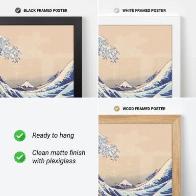 Three framed posters displayed: one with a black frame, one with a white frame, and one with a wood frame, featuring a scenic wave and mountain artwork.