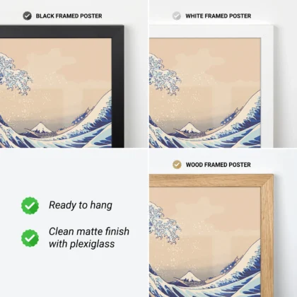 Three framed posters displayed: one with a black frame, one with a white frame, and one with a wood frame, featuring a scenic wave and mountain artwork.