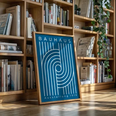 Modernist geometric poster simple white line loop design on blue