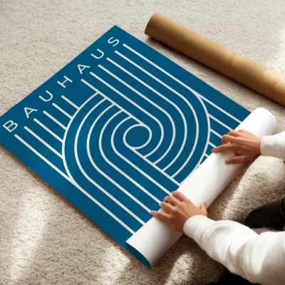 Modernist geometric poster abstract white curves against blue canvas