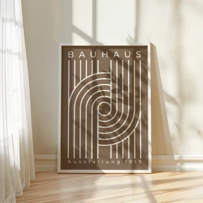 Modernist geometric poster simple white line spiral design on brown