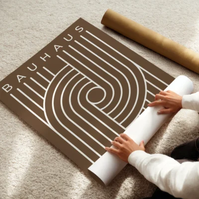 Modernist geometric poster minimal white stripes forming loop pattern on brown background