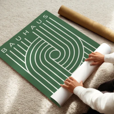 Bauhaus 1919 poster minimalist white loop pattern against green