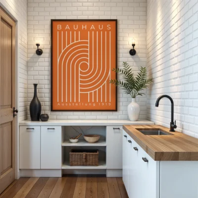 Bauhaus 1919 poster white spiral lines on orange background