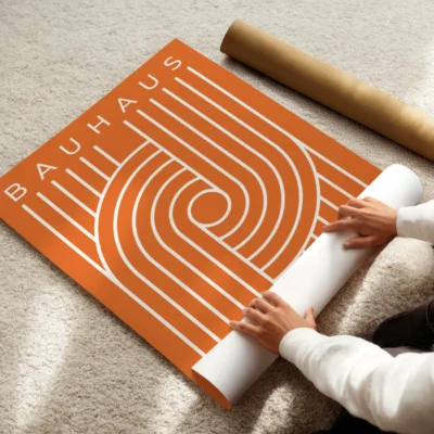 Bauhaus 1919 poster modern white stripes forming circle on orange