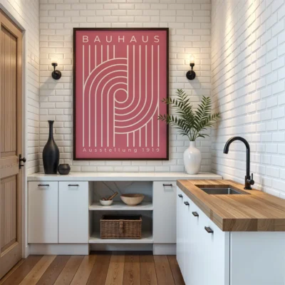 Bauhaus 1919 poster white spiral lines on pink background