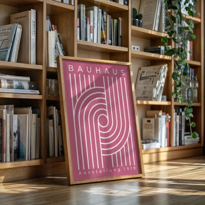 Bauhaus 1919 poster simple white line swirl on pink field
