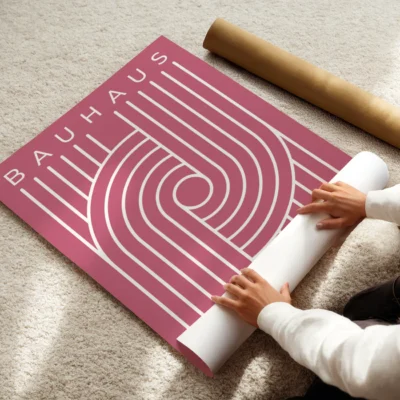 Bauhaus 1919 poster minimalist white spiral pattern against pink