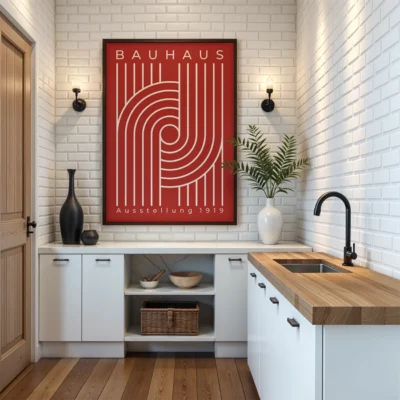 Bauhaus Ausstellung white spiral lines on red poster