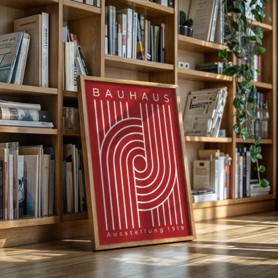 Bauhaus Ausstellung playful white swirl pattern on red poster