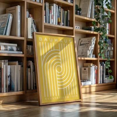 Bauhaus Ausstellung white loop pattern on yellow background poster