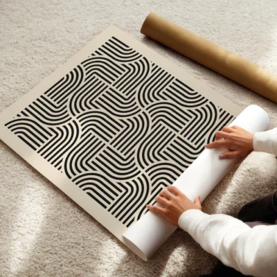 Modern wall art bold black line pattern on cream poster