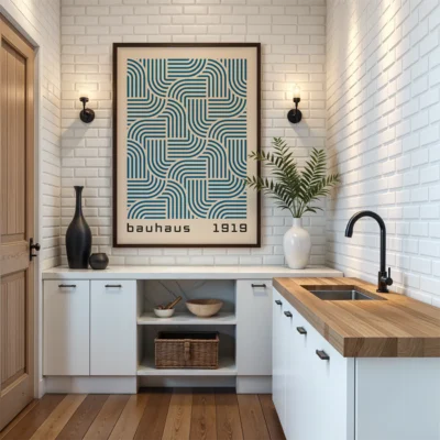 Modern wall art Bauhaus poster abstract blue loop pattern