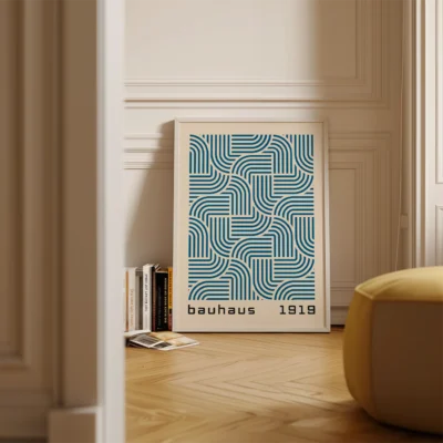 Modern wall art playful blue line maze on cream background