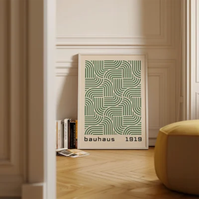 Abstract minimalist wall art geometric green stripe pattern on cream