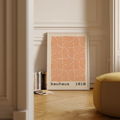 Abstract minimalist wall art geometric orange stripe pattern on cream