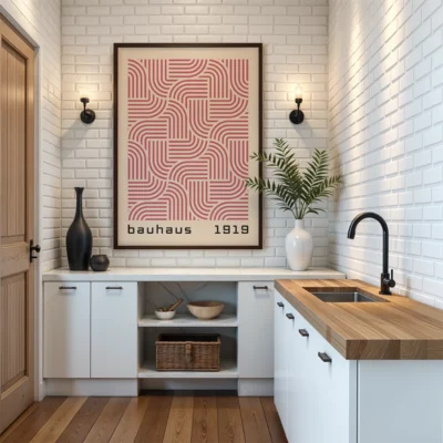 Abstract minimalist wall art Bauhaus poster gentle pink loops on cream