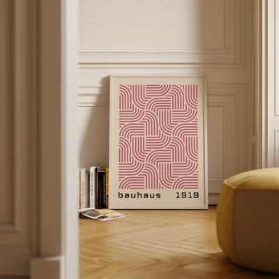 Abstract minimalist wall art flowing pink lines forming pattern on cream