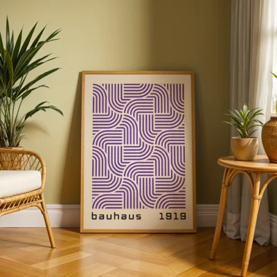 Mid Century modern wall decor purple curved stripes on cream poster