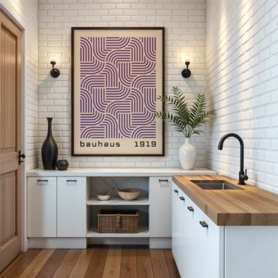 Mid Century modern wall decor Bauhaus poster simple purple loops on cream