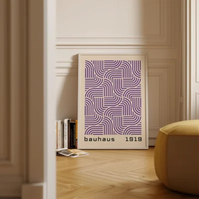 Mid Century modern wall decor geometric purple stripe maze on cream